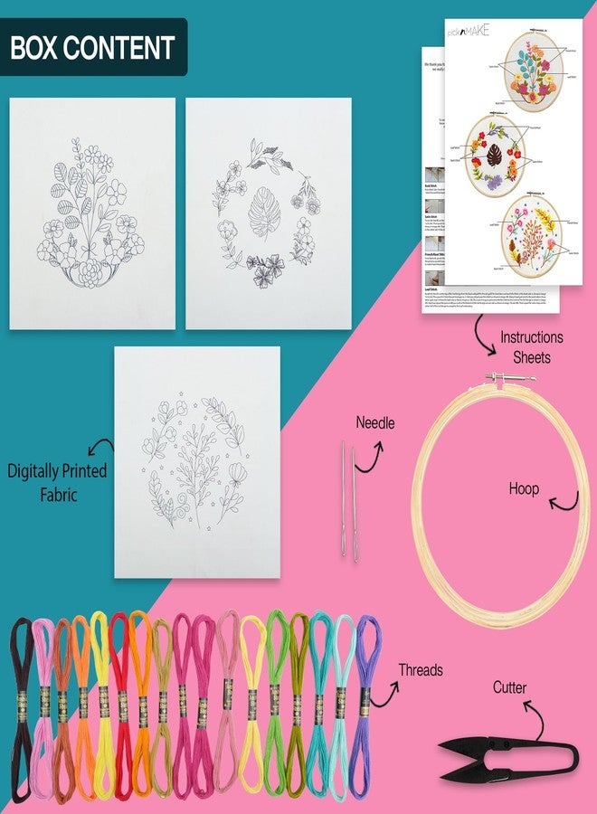 picknMAKE DIY Cross Stitch Hand Embroidery Kit For Beginners Adult, Kids with Pattern & Cloth, Multicolor Floral Design, Written Instructions, Embroidery Hoop & All Other Materials Included (Pack of 3 Kits) - Image 2